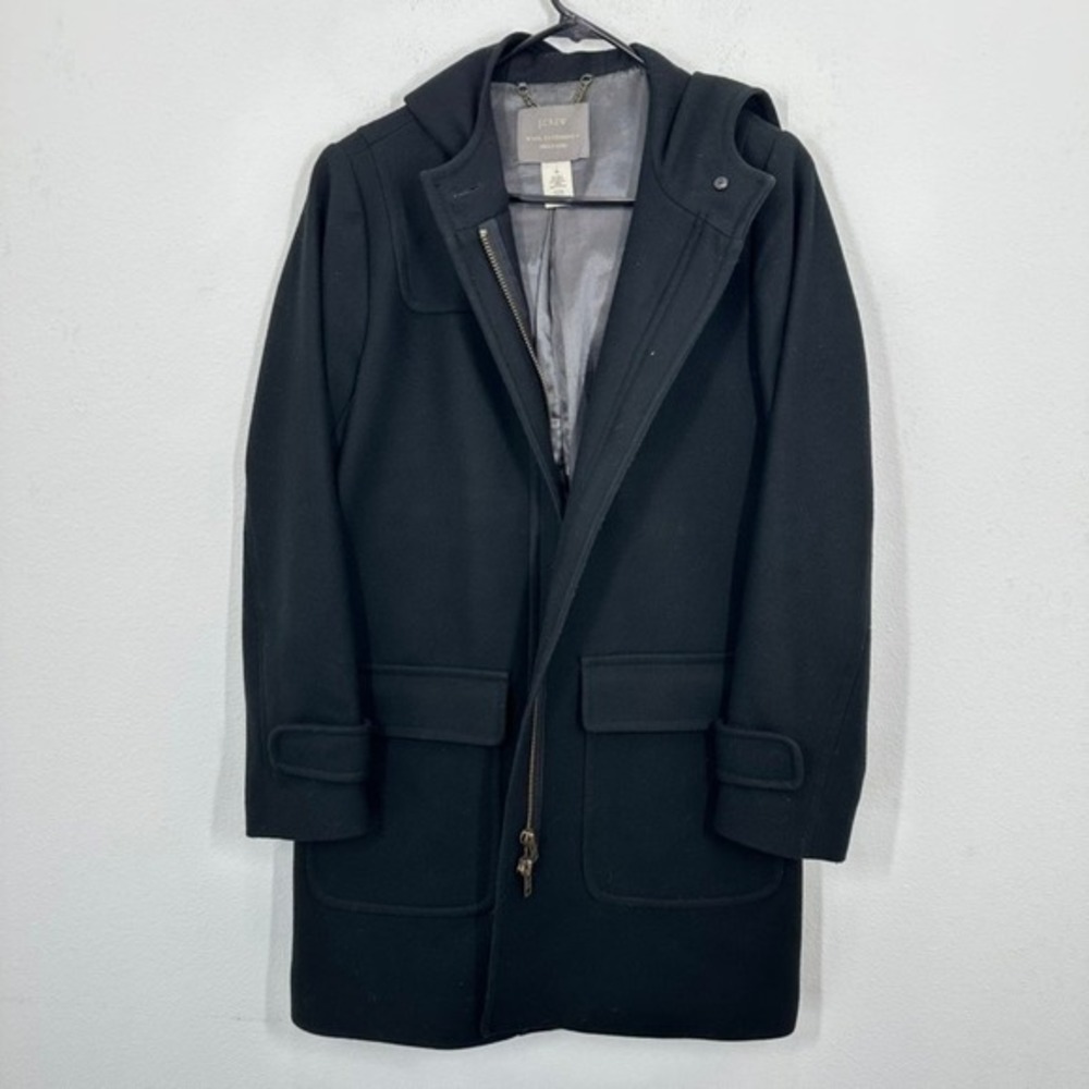J. Crew Wool Cashmere Nello Duffle Coat Hooded Black Size 10 Classic Winter Warm